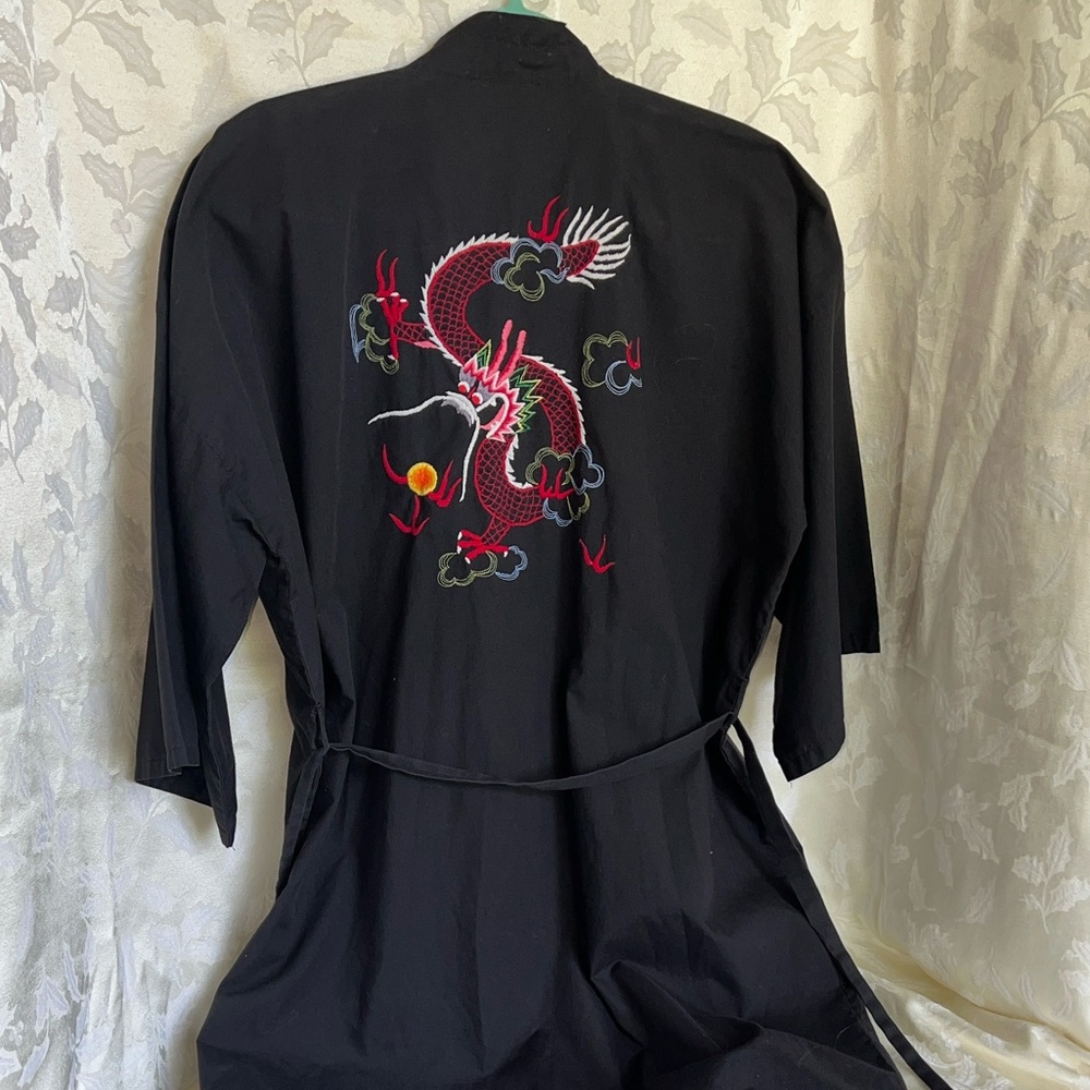 VINTAGE 1960 Black MAXI Kimono with Embroidered Dragon